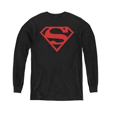 Superman Boys Youth Red On Black Shield Long Sleeve Sweatshirts