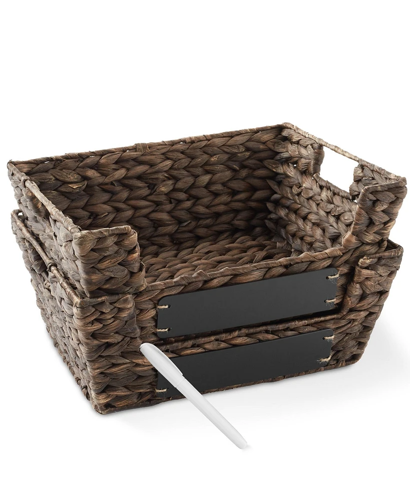 Casafield (Set of 2) Water Hyacinth Pantry Baskets with Handles and Chalkboard Labels - Espresso, Wide Woven Storage for Kitchen Shelves