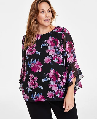 Kasper Plus Printed Ruffled-Cuff 3/4-Sleeve Blouse