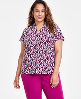 Kasper Plus Printed V-Neck Short-Sleeve Top