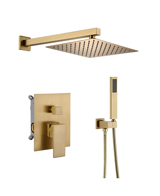 Mondawe 2 Functions Wall Mounted Square Shower System with Rough-in Valve in Brushed Gold