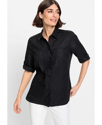 Olsen Women's Cotton Linen Shirt with Rolled Sleeve Tab Detail