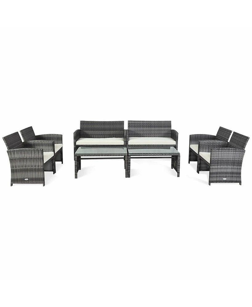 Gymax 8PCS Patio Outdoor Rattan Furniture Set w/ Cushioned Chair Loveseat Table