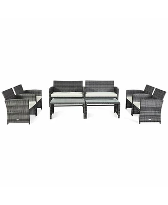 Gymax 8PCS Patio Outdoor Rattan Furniture Set w/ Cushioned Chair Loveseat Table