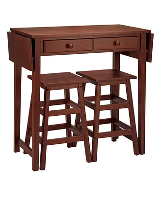 Simplie Fun 3 Piece Handcrafted Kitchen Island Breakfast Table Set, 2 Drawers, Rubberwood, Stools, Walnut Brown