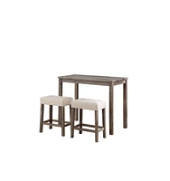 Simplie Fun Lux Brown 3 Piece Counter Height 36" Pub Table Set With Tufted Creamy White Linen Stools