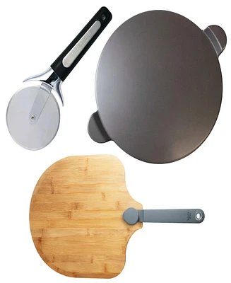 Old Stone 3pc Glazed Pizza Stone Set. Set includes 15" Glazed Pizza Stone, 14" X 16" Real Bamboo Peel, and a 3.5" Pizza Cutter Set