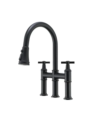 Mondawe Bridge Kitchen Faucet with 3 Way Spray Function,High Arc Pull Down Sprayer 2 Handles 8 inch Widespread 360 Swivel Spout