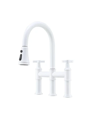 Mondawe Bridge Kitchen Faucet with 3 Way Spray Function,High Arc Kitchen Faucet with Pull Down Sprayer 2 Handles 8 inch Widespread 360 Swivel Spout