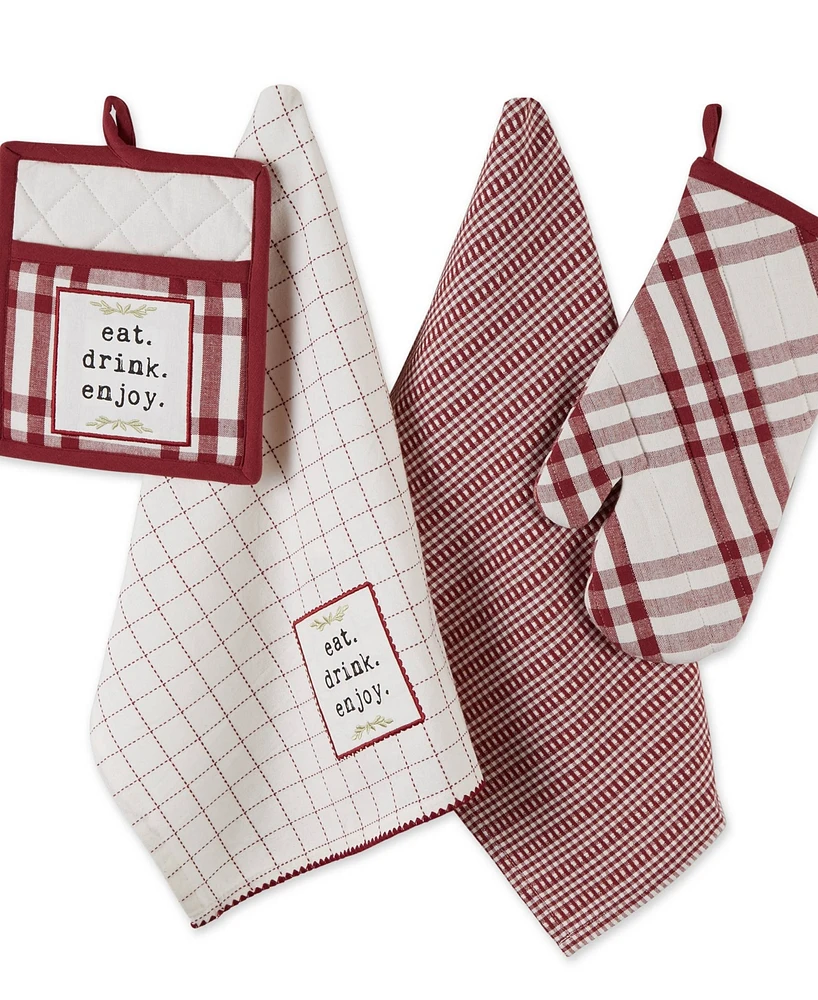 Design Imports Home Sweet Farmhouse Kitchen Collection, Potholder/Oven Mitt/Dishtowel Set, Barn Red, 4 Count