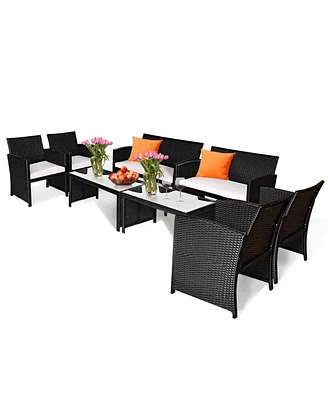 Gymax 8PCS Rattan Patio Conversation Set Outdoor w/ Coffee Table Cushioned Sofa