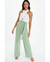 Quiz Women's Mesh Scuba Crepe Cross Front Tie Belt Palazzo Jumpsuit