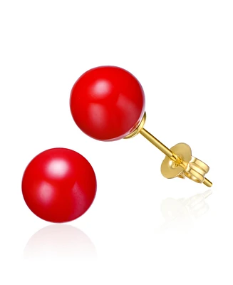 GiGiGirl 14k Yellow Gold Plated Stud Earrings with Red Enamel Round Pearl for Kids