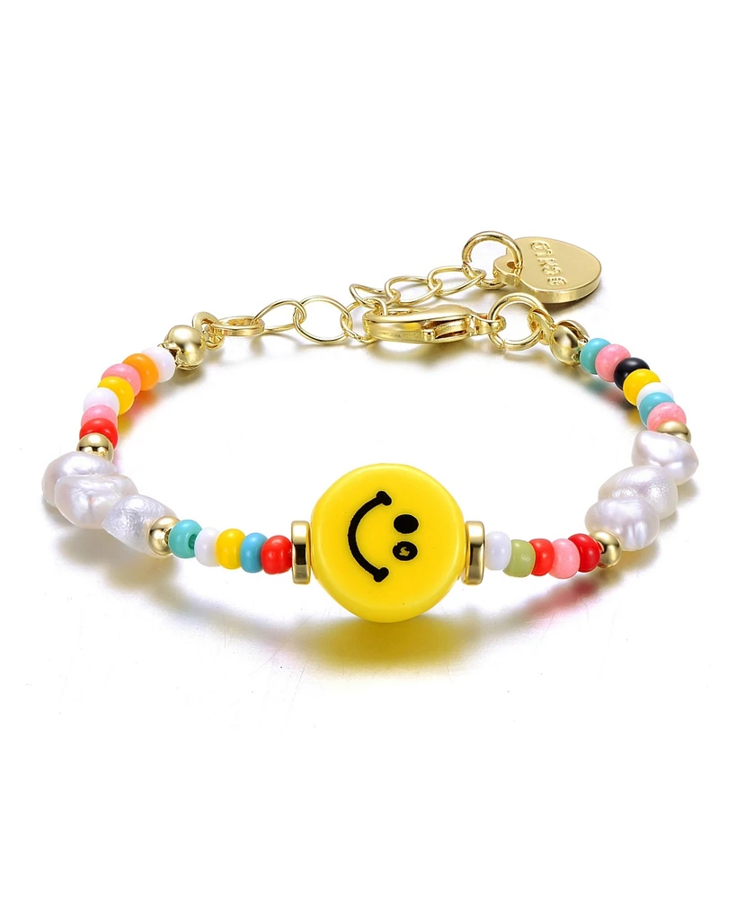 GiGiGirl 14k Yellow Gold Plated Multi Color Beads Bracelet with Freshwater Pearls and a Smiley Charm for Kids