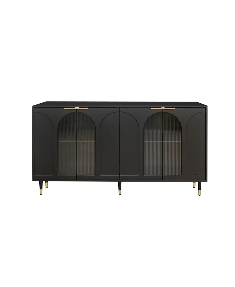 Streamdale Furniture Black Lacquered Wooden Accent Cabinet with Glass Doors, 4-Door Storage Buffet