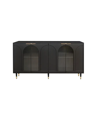 Streamdale Furniture Black Lacquered Wooden Accent Cabinet with Glass Doors, 4-Door Storage Buffet