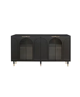 Streamdale Furniture Black Lacquered Wooden Accent Cabinet with Glass Doors, 4-Door Storage Buffet