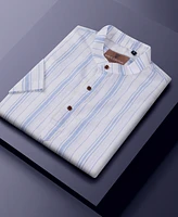 Suslo Couture Men's Linen Stripped Banded Collar Button Up