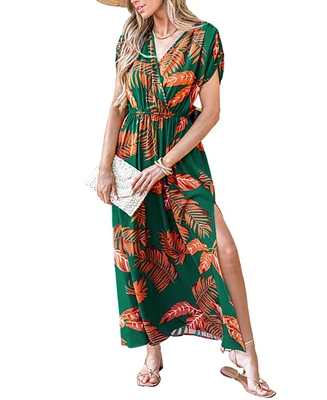 Cupshe Women's Tropical Leaf Surplice Short Sleeve Maxi Beach Dress