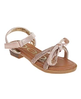 Bebe Big Girl's Stack Heel Sandal with Rhinestone Vamp Straps and Self to Upper Bow Polyurethane Sandals