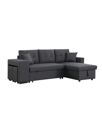 Simplie Fun Dennis Linen Fabric Reversible Sleeper Sectional With Storage Chaise And 2 Stools