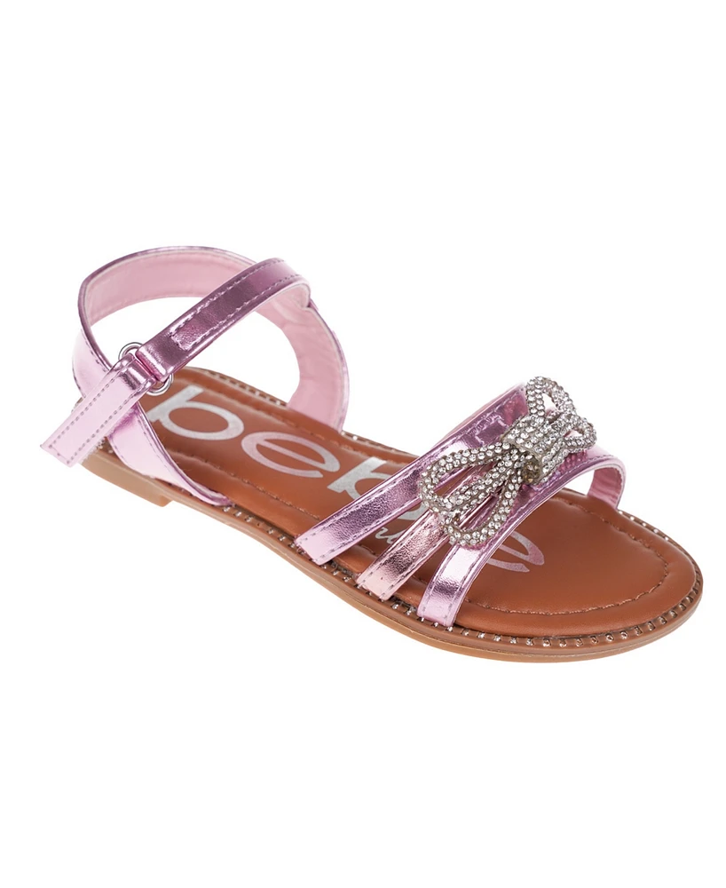 Bebe Big Girl's Strappy Sandal with Cute Rhinestone Tubular Bow Polyurethane Sandals