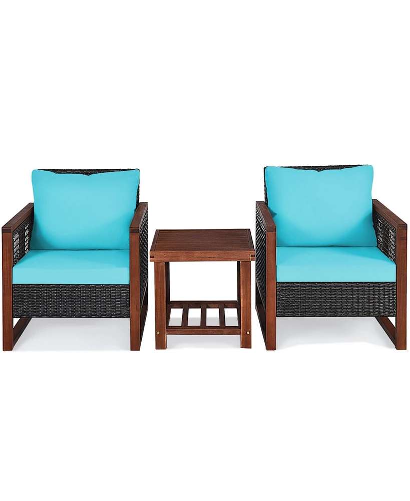 Gymax 3PCS Rattan Wicker Patio Conversation Set Outdoor Furniture Set w/ Turquoise Cushion