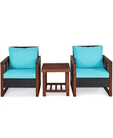 Gymax 3PCS Rattan Wicker Patio Conversation Set Outdoor Furniture Set w/ Turquoise Cushion