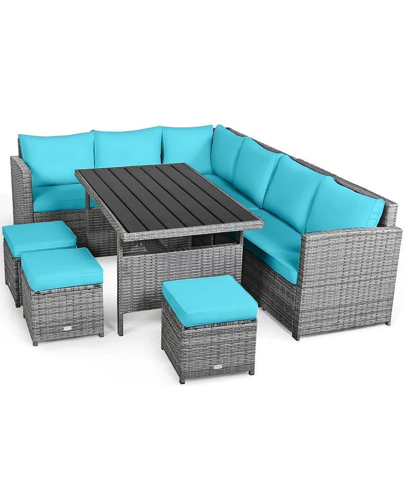 Gymax 7PCS Rattan Patio Sectional Sofa Set Conversation Set w/ Turquoise Cushions