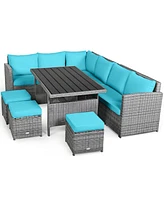 Gymax 7PCS Rattan Patio Sectional Sofa Set Conversation Set w/ Turquoise Cushions