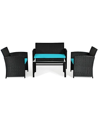Gymax 4PCS Rattan Outdoor Conversation Set Patio Furniture Set w/ Turquoise Cushions