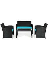 Gymax 4PCS Rattan Outdoor Conversation Set Patio Furniture Set w/ Turquoise Cushions