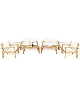 Gymax 8PCS Patio Acacia Wood Conversation Furniture Set w/ Off White Cushions