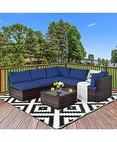 Gymax 6PCS Rattan Outdoor Sectional Sofa Set Patio Furniture Set w/ Navy Cushions
