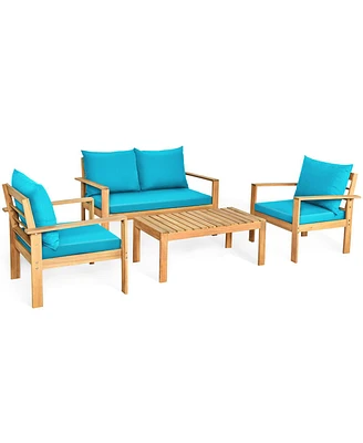 Gymax 4PCS Patio Acacia Wood Conversation Furniture Set w/ Turquoise Cushions