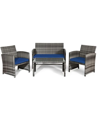 Gymax 4PCS Patio Outdoor Rattan Conversation Furniture Set w/ Navy Cushion