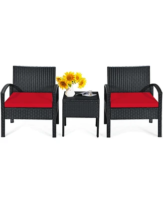Gymax 3PCS Patio Rattan Conversation Furniture Set Outdoor Yard w/ Red Cushions