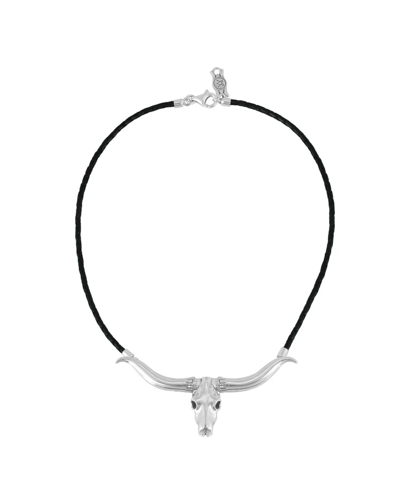 American West Jewelry Southwestern Sterling Silver Longhorn Skull Leather Necklace, 17 or 20 Inches