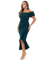 Xscape Petite Off-the-Shoulder Ruffle-Sleeve Midi Dress