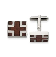 Chisel Stainless Steel Polished Cherry Wood Inlay Cross Cufflink