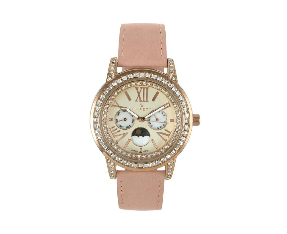 Peugeot Women's 40mm Multi-Function Watch with Pink Suede-Leather Strap