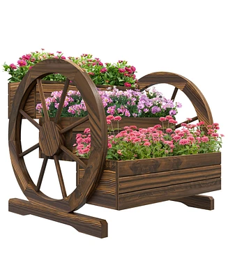 Outsunny Wooden Wagon Planter Box, Decorative 3-Tier Stair Step Garden Bed