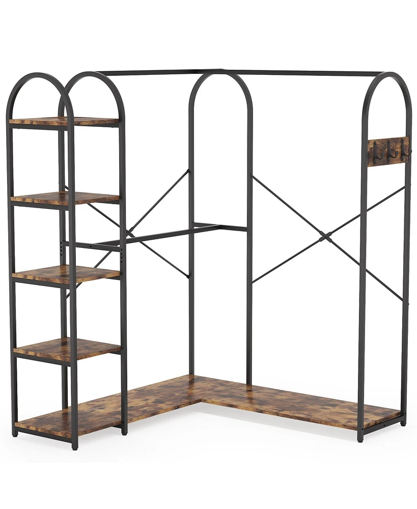 Tribesigns L-Shaped Garment Rack with Shelves, Heavy Duty Corner Clothes Rack with Coat Hooks, Anti