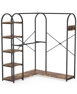 Tribesigns L-Shaped Garment Rack with Shelves, Heavy Duty Corner Clothes Rack with Coat Hooks, Anti-toppling Device, Cloth Hanger Standing Clothing Ra