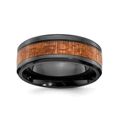 Chisel Black Zirconium Sapele Wood Inlay Wedding Band Ring