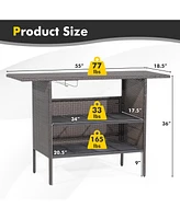 Sugift Outdoor Wicker Bar Table with 2 Metal Mesh Shelves