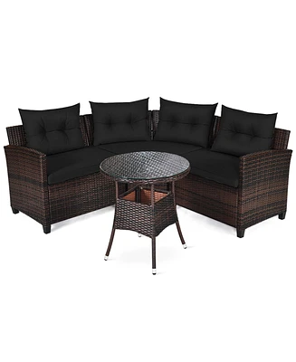 Gymax 4PCS Patio Furniture Set Outdoor Rattan Sectional Sofa Set w/ Cushions