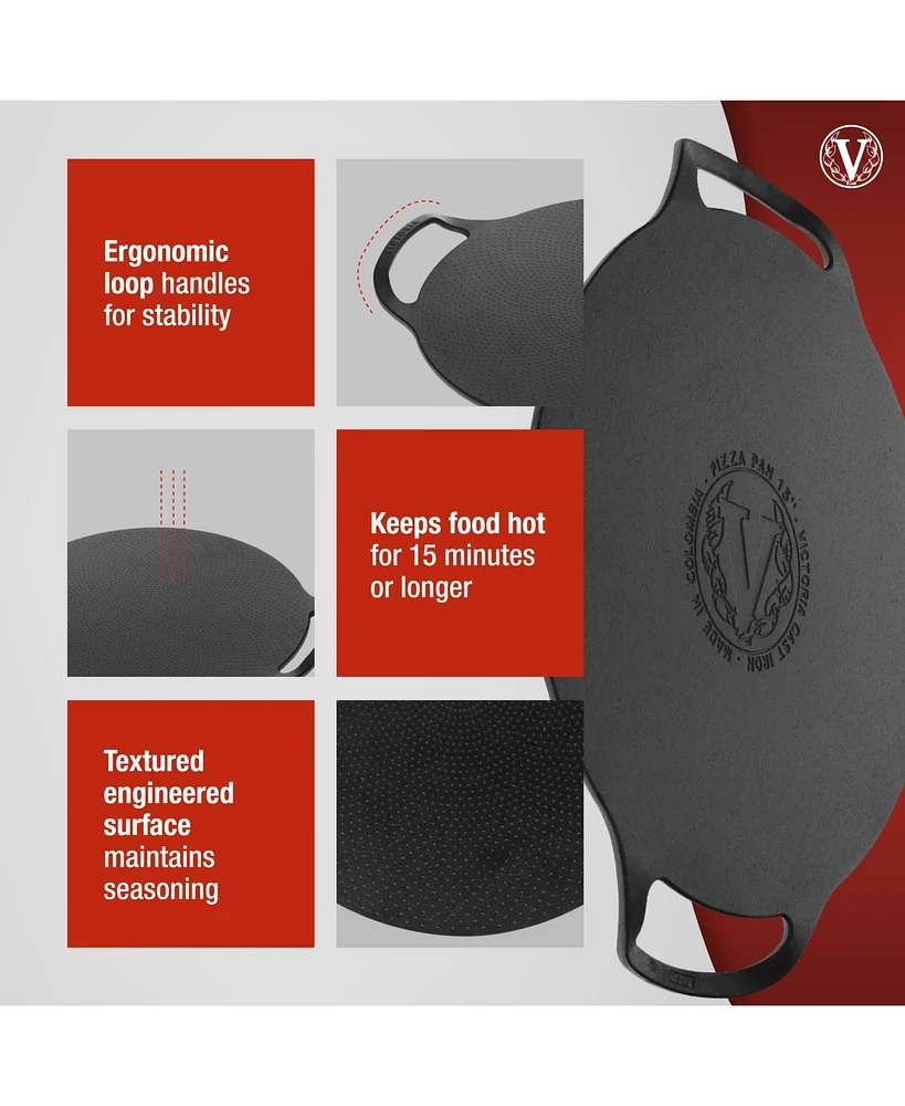 Victoria 15-Inch Cast Iron Preseasoned Comal Pizza Pan with 2 Side Handles