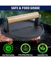 Chefsspot Preseasoned Cast Iron Round Grill Press - Rigged Surface - Great for Smash Burgers, Bacon and Grill Marks