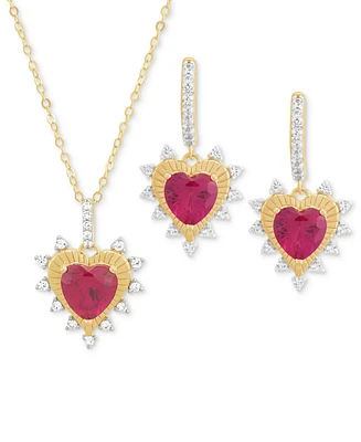 2-Pc. Set Lab Grown Ruby (4-1/5 ct. t.w.) & Lab Grown White Sapphire (5/8 ct. t.w.) Heart Pendant Necklace & Matching Drop Earrings in 14k Gold